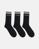 Three black crew-length socks displayed in a row on a white background, designed with ribbed texture, white double-stripe detail at the cuff and BODYBORN branding