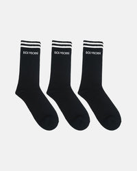 Three black crew-length socks displayed in a row on a white background, designed with ribbed texture, white double-stripe detail at the cuff and BODYBORN branding