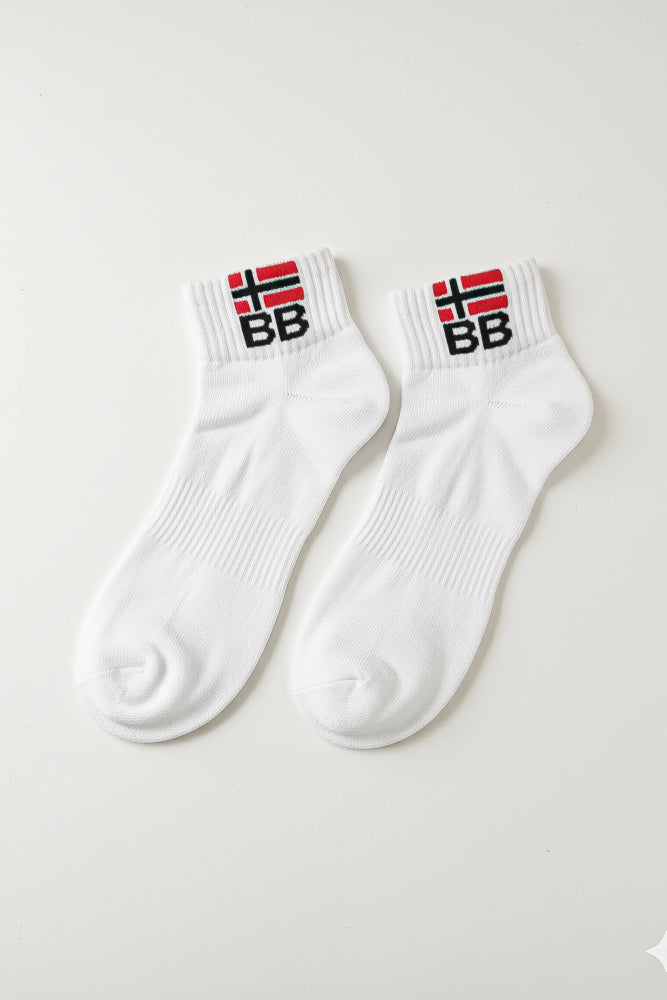 Bodyborn white socks with 'BB' logo on a light gray background in ankle size