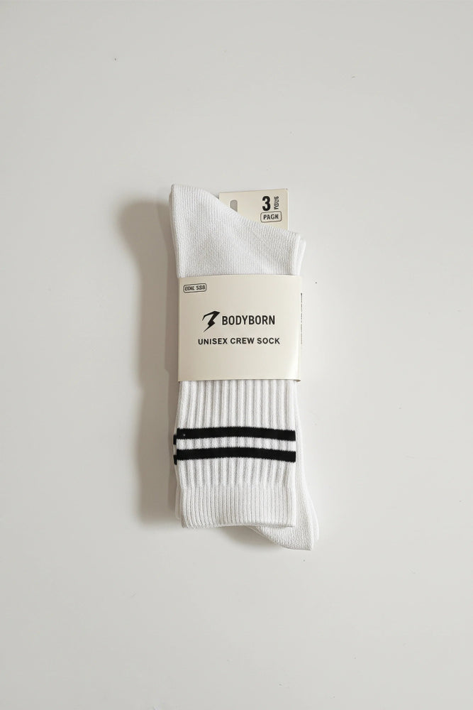 White sock with black stripes on a white background Bodyborn brand in crew size soft and comfortable