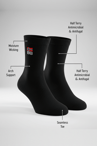 Black socks with feature labels on a light gray background soft and comfortable