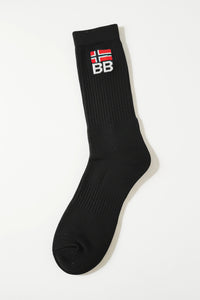 Black sock with a logo on a white background soft and comfortable