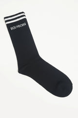 Black sock with white stripes and 'BODYBORN' branding on a white background in crew size comfortable and soft