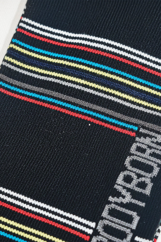 Close-up of a bodyborn sock with multicolored stripes in low cut size