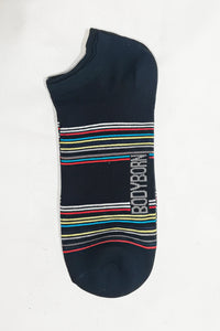 Black low cut sock with colorful stripes and 'BodyBorn' branding on a white background