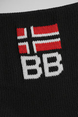 Black sock with a bodyborn logo featuring red, white, and black colors on a gray background in ankle size soft and comfortable