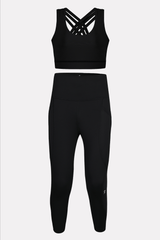Black activewear set with supportive sports bra and high‑waist, squat‑proof leggings for women.