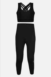 Black activewear set with supportive sports bra and high‑waist, squat‑proof leggings for women.