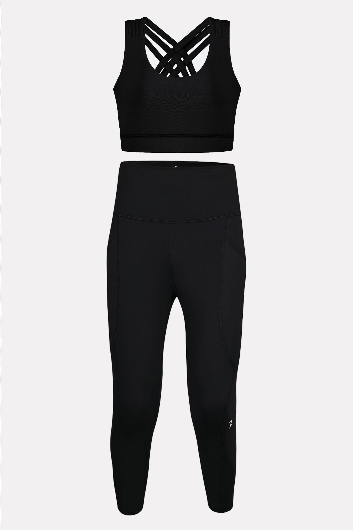 Black activewear set with supportive sports bra and high‑waist, squat‑proof leggings for women.