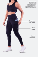 Black gym leggings with secure side pocket holding a phone.