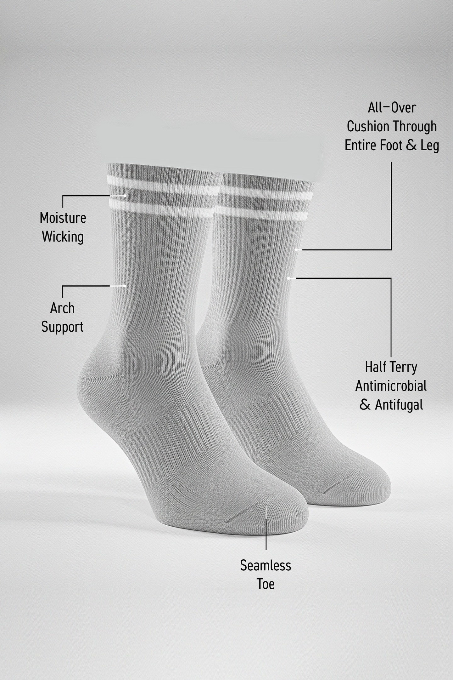 Two grey crew-length BODYBORN socks displayed upright with white stripe accents, featuring labelled benefits such as moisture-wicking fabric, arch support, all-over cushioning, antimicrobial and antifungal half-terry construction and seamless toe
