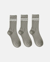 Three grey crew-length socks with ribbed texture and white double-stripe design, arranged in a row on a clean white background