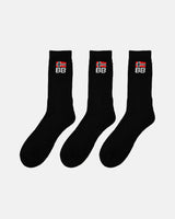 Three black crew-length socks arranged in a row on a white background, each featuring ribbed texture and embroidered BB branding with a red and white flag design