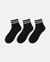 Three black ankle socks arranged in a row on a white background, each designed with ribbed texture and a white BODYBORN branded stripe around the cuff