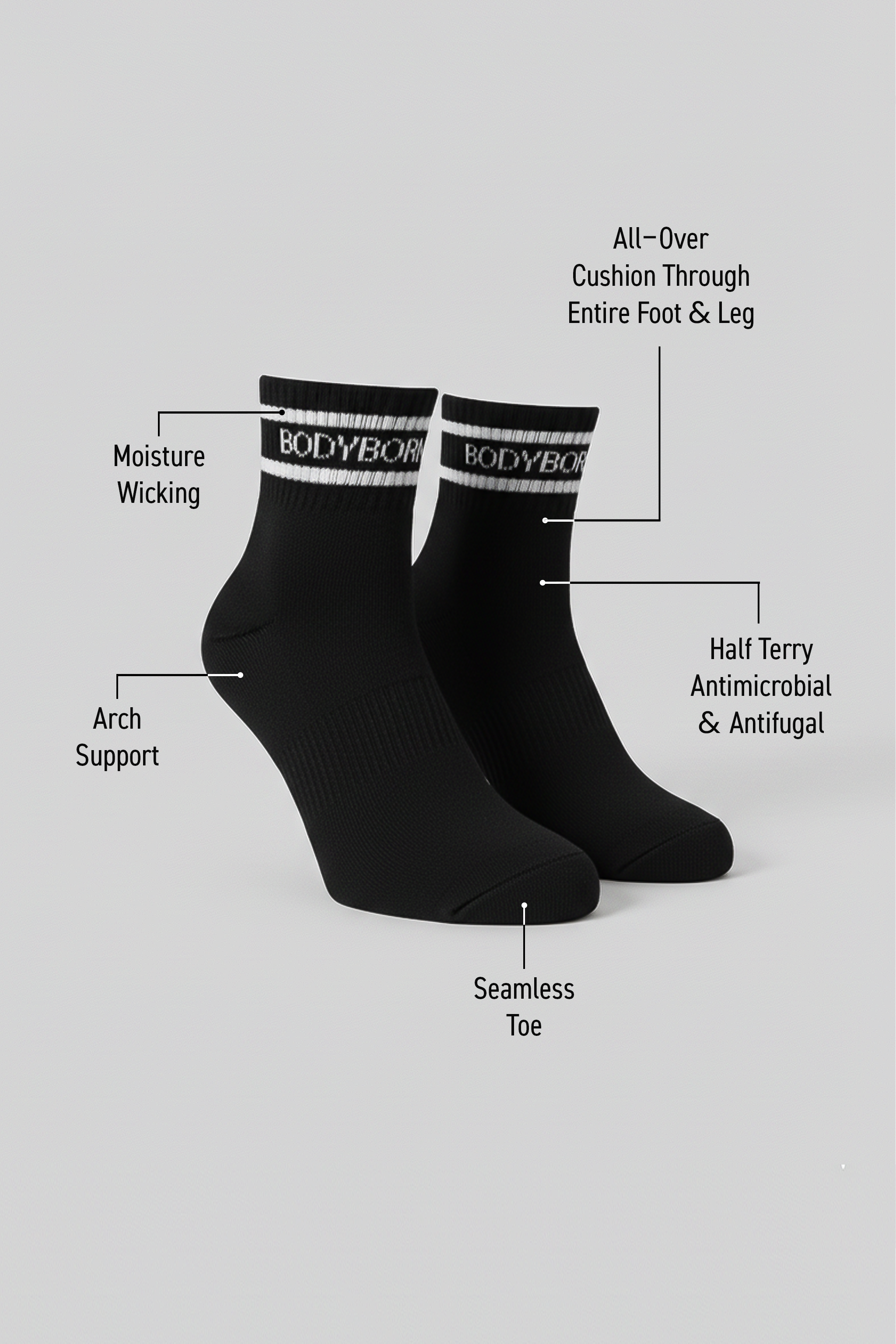 Two black BODYBORN ankle-length socks displayed upright with white logo stripe, labeled with moisture-wicking material, arch support, antimicrobial and antifungal half-terry construction, all-over cushioning through the foot and leg, and seamless toe