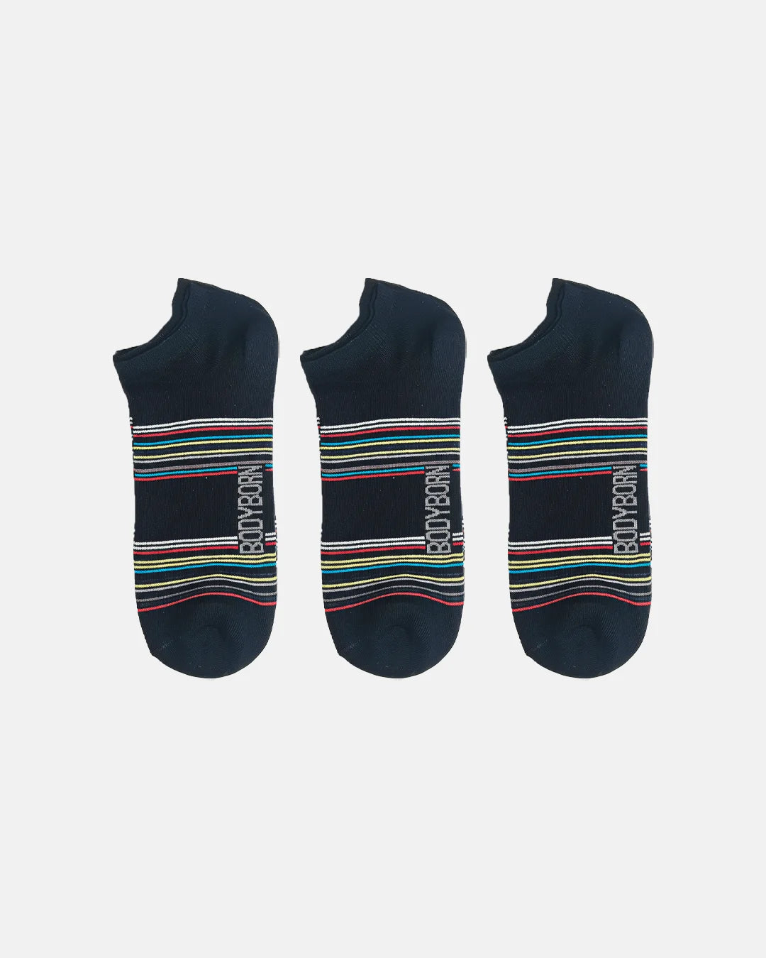 Three black low-cut athletic socks arranged in a row on a white background, each with colorful horizontal stripes and BODYBORN branding printed across the top of the foot