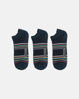 Three black low-cut athletic socks arranged in a row on a white background, each with colorful horizontal stripes and BODYBORN branding printed across the top of the foot