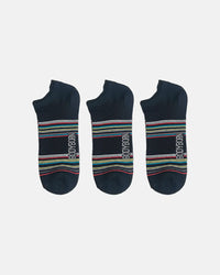 Three black low-cut athletic socks arranged in a row on a white background, each with colorful horizontal stripes and BODYBORN branding printed across the top of the foot