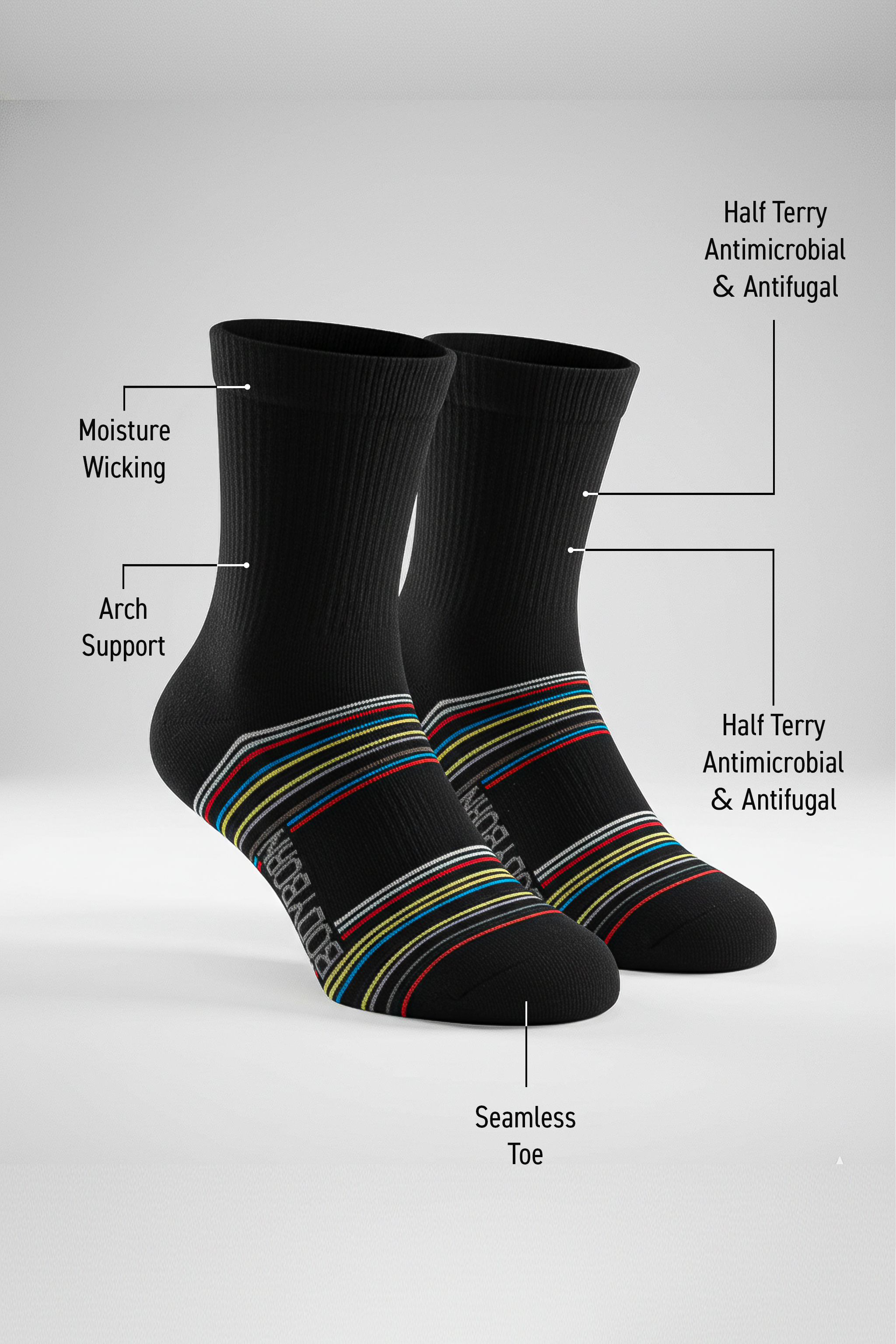 Two black BODYBORN crew-length socks displayed upright with colorful horizontal stripes, featuring labelled benefits including moisture-wicking material, arch support, antimicrobial and antifungal half-terry construction, all-over cushioning and seamless toe