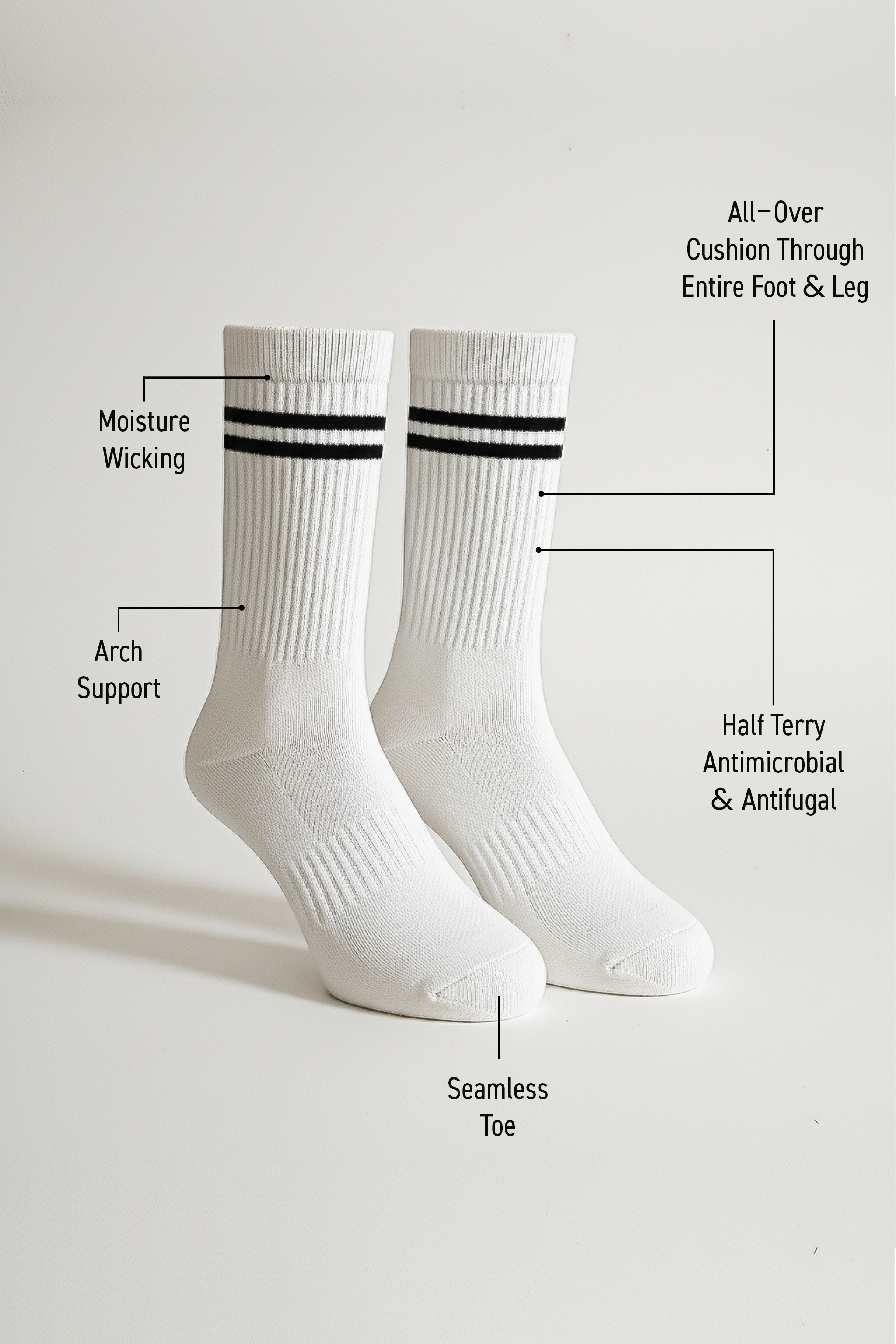 White ribbed crew socks with black double stripes featuring moisture-wicking fabric, arch support, full-foot cushioning, seamless toe and antimicrobial half terry design