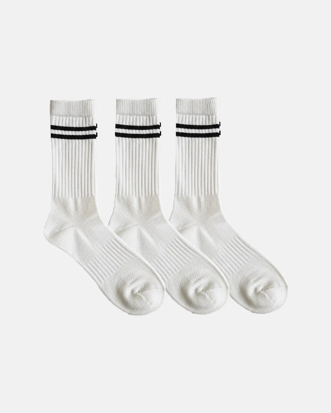 BodyBorn white varsity-style crew socks in a 3-pack with black stripe detailing