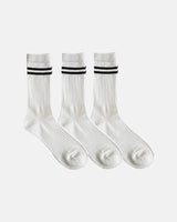 BodyBorn white varsity-style crew socks in a 3-pack with black stripe detailing