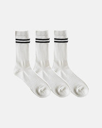 BodyBorn white varsity-style crew socks in a 3-pack with black stripe detailing