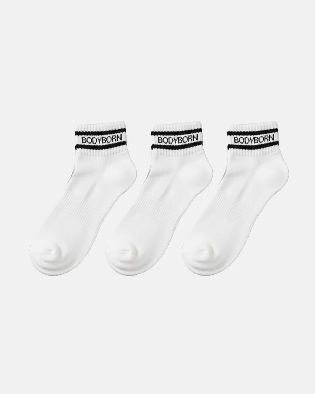 BODYBORN branded ankle socks in white with black logo and stripe design, displayed as a 3-pack