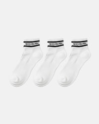BODYBORN branded ankle socks in white with black logo and stripe design, displayed as a 3-pack