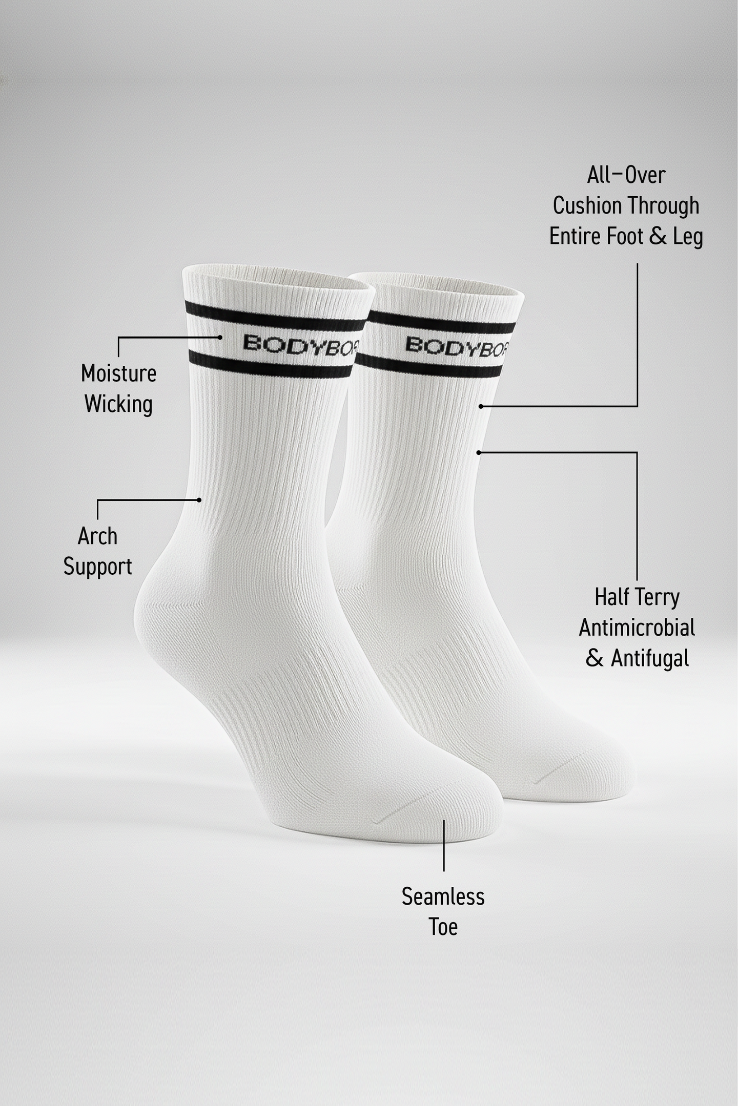 Two white BODYBORN ankle-length socks with black stripe and logo displayed upright, featuring labeled benefits such as moisture-wicking material, arch support, all-over cushioning through the foot and leg, antimicrobial half-terry knit, and seamless toe