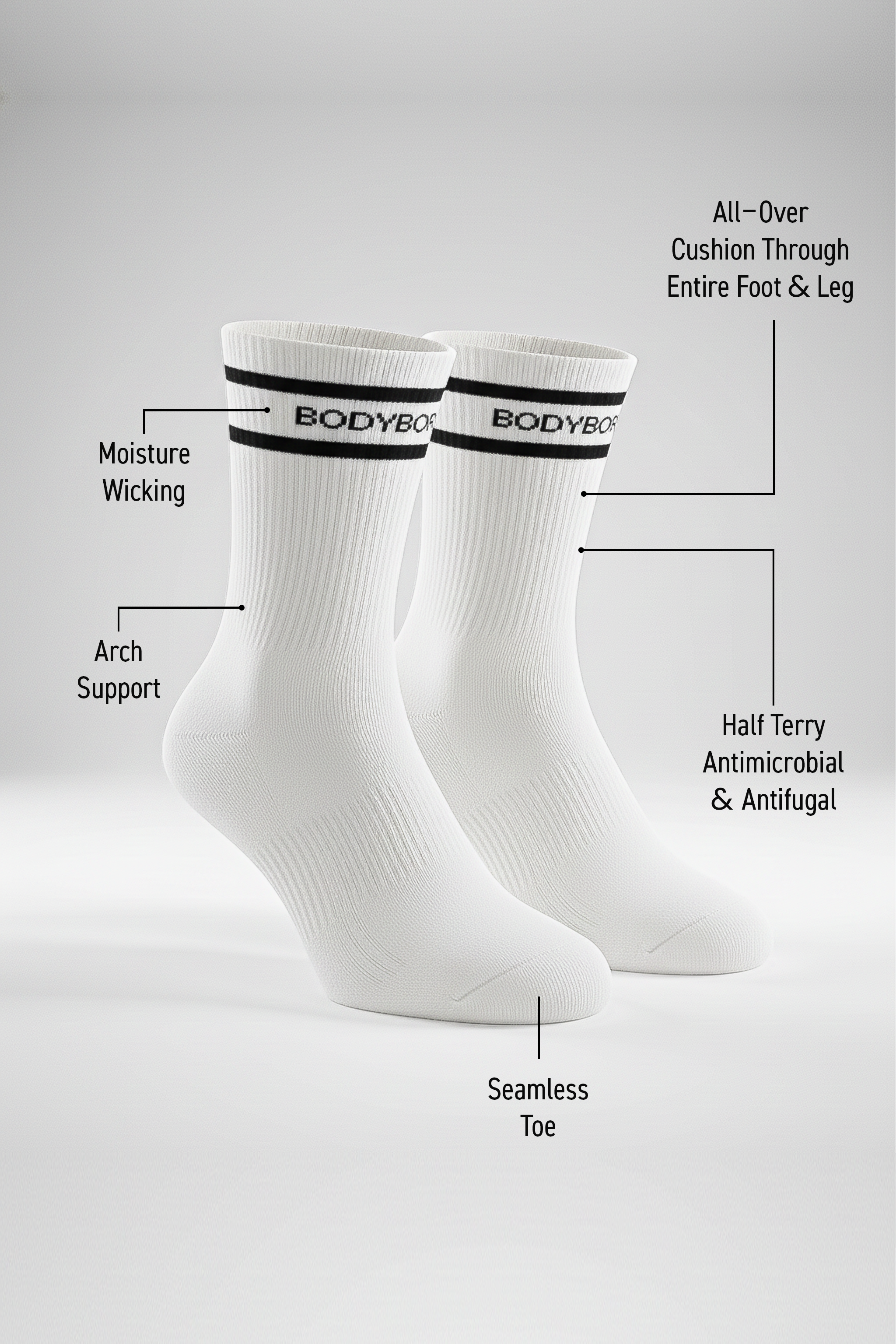 Two white BODYBORN ankle-length socks with black stripe and logo displayed upright, featuring labeled benefits such as moisture-wicking material, arch support, all-over cushioning through the foot and leg, antimicrobial half-terry knit, and seamless toe