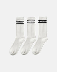 Three identical white crew socks arranged in a row, each designed with ribbed texture and a black double stripe featuring BODYBORN branding across the cuff